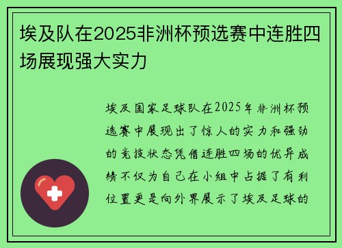 埃及队在2025非洲杯预选赛中连胜四场展现强大实力