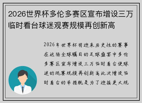 2026世界杯多伦多赛区宣布增设三万临时看台球迷观赛规模再创新高 2026世界杯多伦多赛区宣布增设三万临时看台球迷观赛规模再创新高